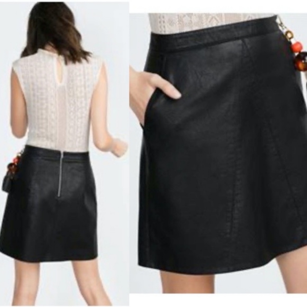Zara Black Faux Leather A-Line Mini Skirt